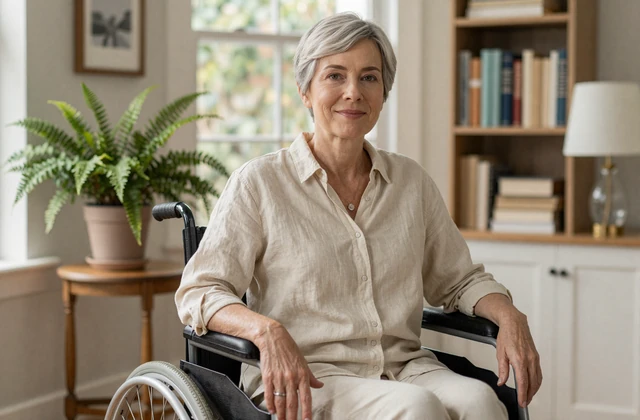 Leslie, a wheelchair user in her late fifties, smiling in her sunlit home library - a real member on our disabled dating site