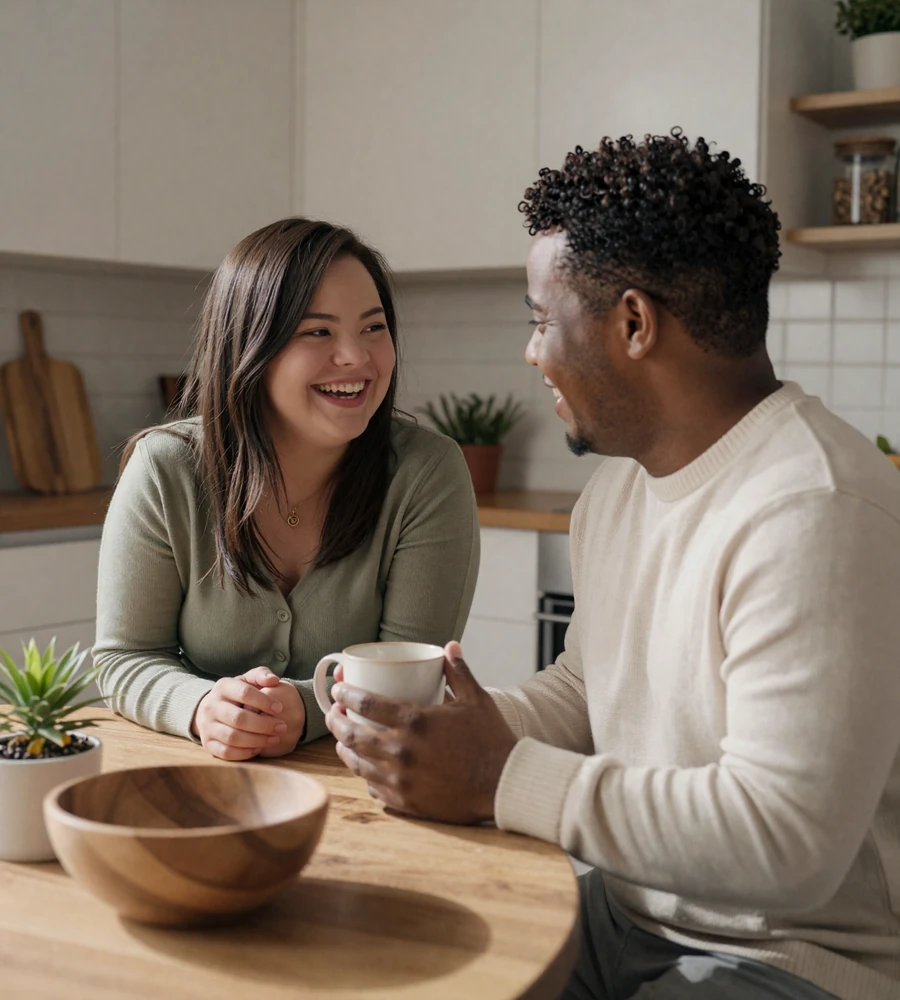 Two adults with Down syndrome share coffee and laughter at home, a warm scene from an inclusive down syndrome dating site