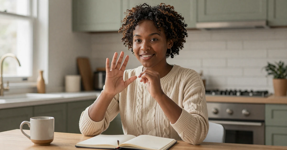 Deaf Black woman signing in ASL at a sunlit kitchen table, illustrating a warm deaf dating site built around Deaf culture