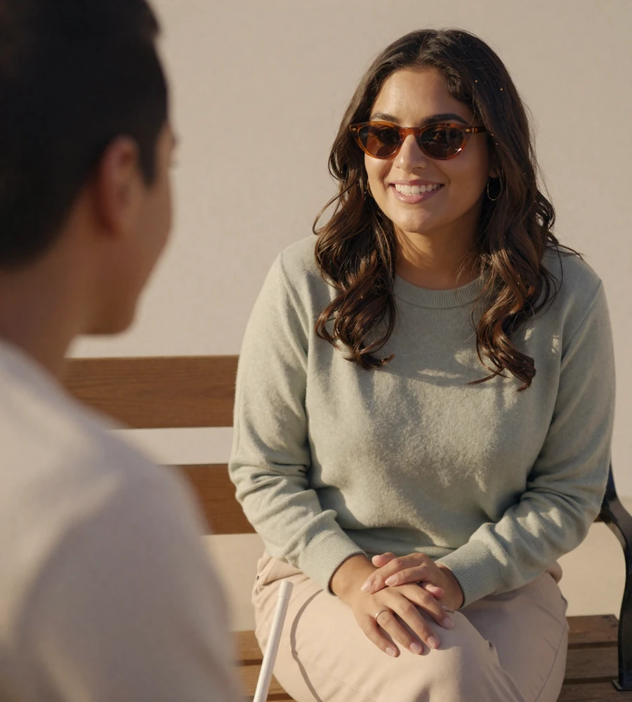 Blind woman with white cane smiling on a sunlit bench, illustrating conversation-first blind people dating on an accessible blind dating app