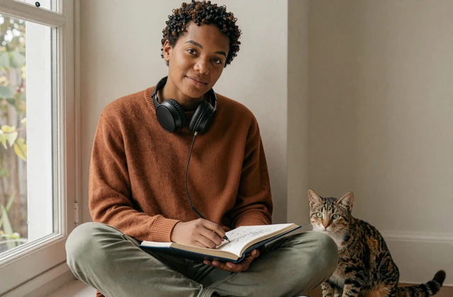 Devon, a Black nonbinary autistic person with noise-cancelling headphones and a sketchbook, representing autism dating