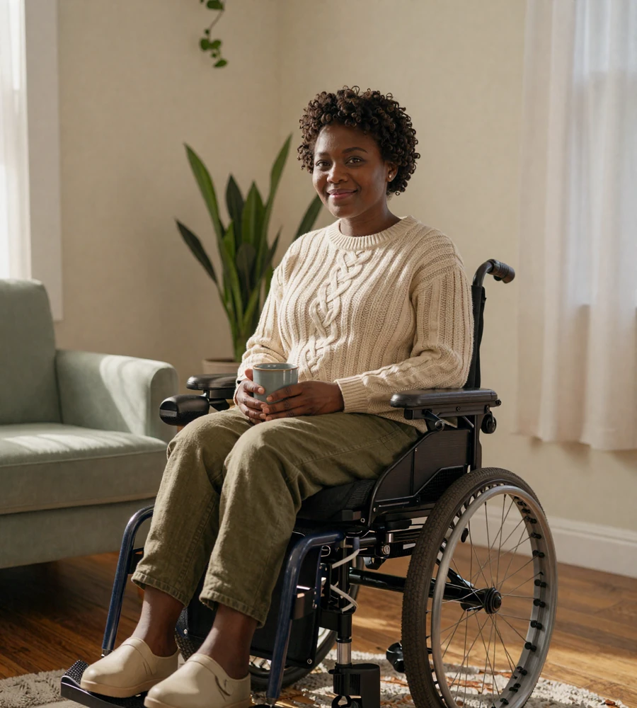 Maya, a woman with cerebral palsy in a power wheelchair, laughing in her sunlit home - a real member of a cerebral palsy dating community