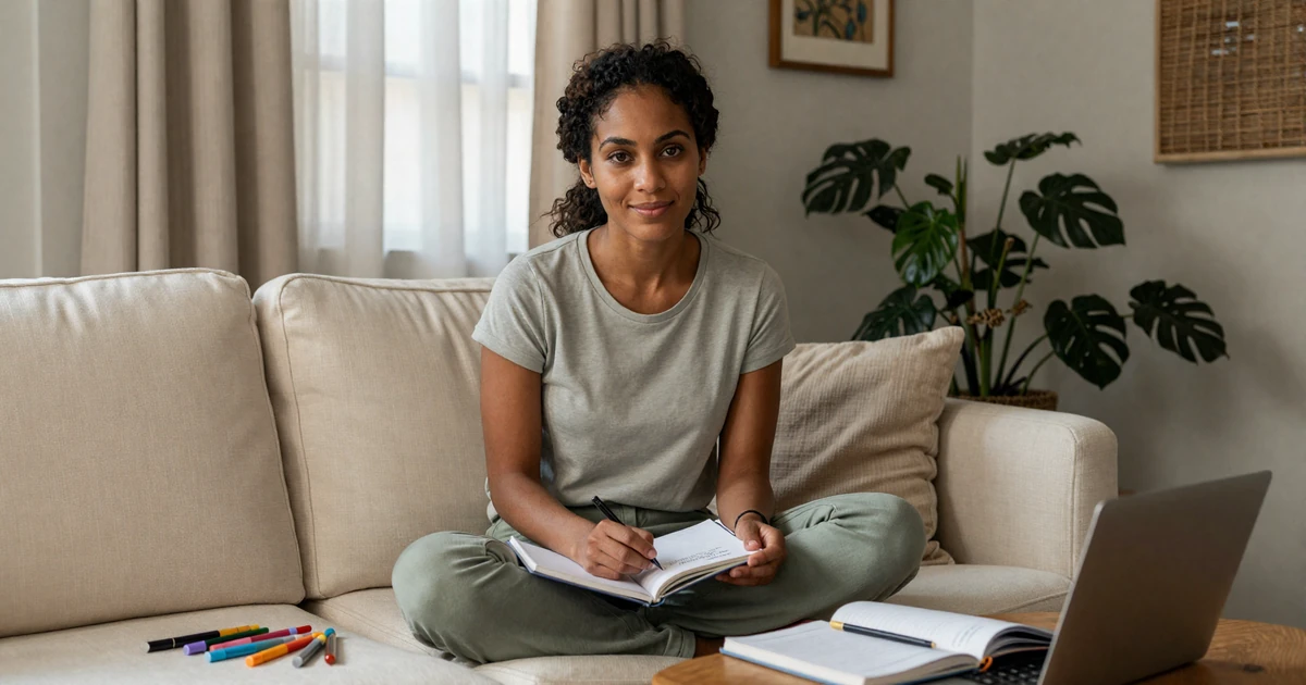 Calm autistic woman at a sunlit kitchen table writing on her laptop, representing authentic dating on the spectrum without masking