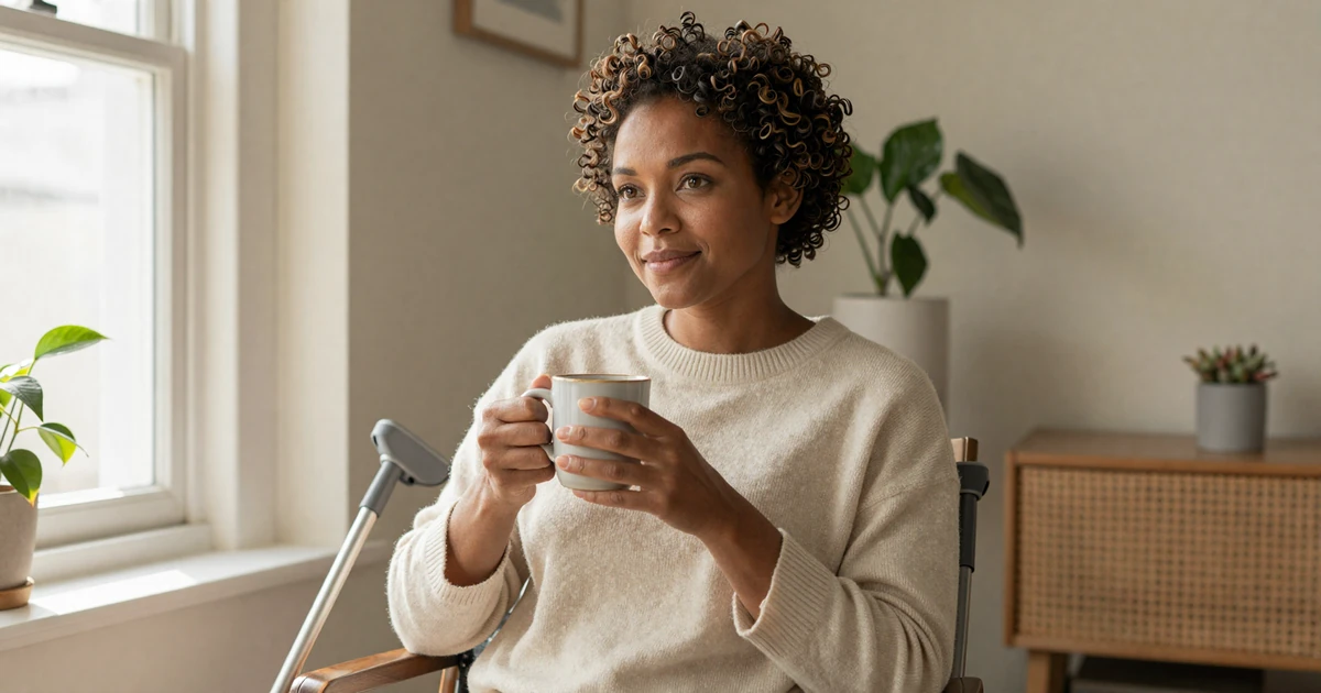 Confident amputee woman with visible below-knee prosthesis at home, illustrating real amputee dating on an inclusive amputee dating website