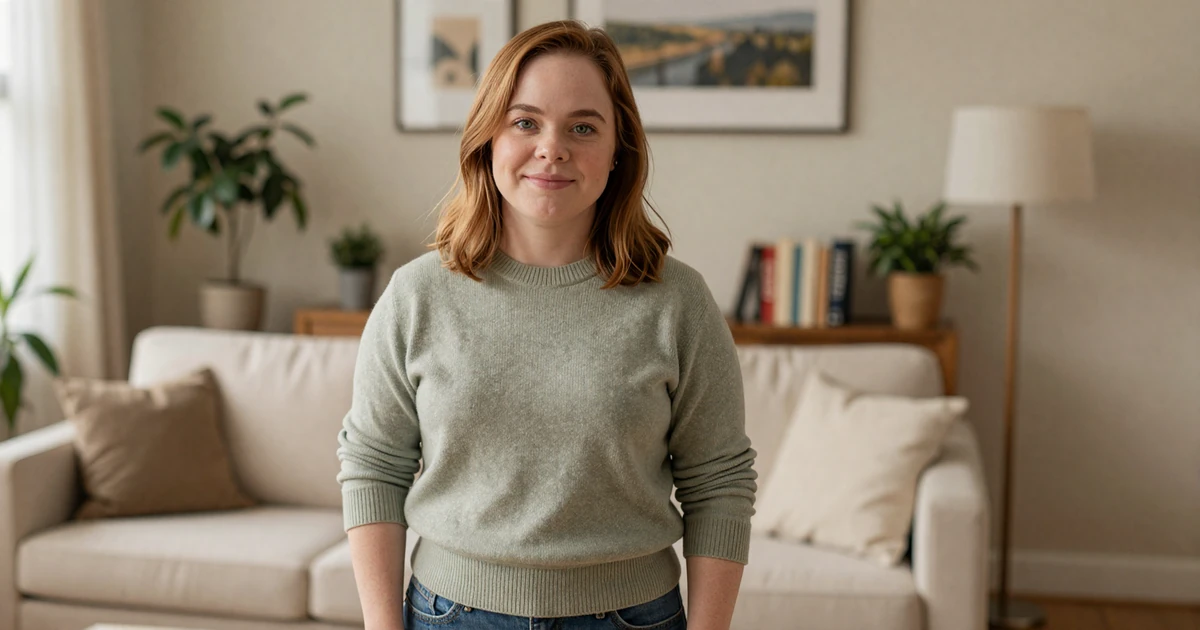 Woman with achondroplasia at home, smiling, illustrating authentic dwarfism dating on an inclusive LP dating site