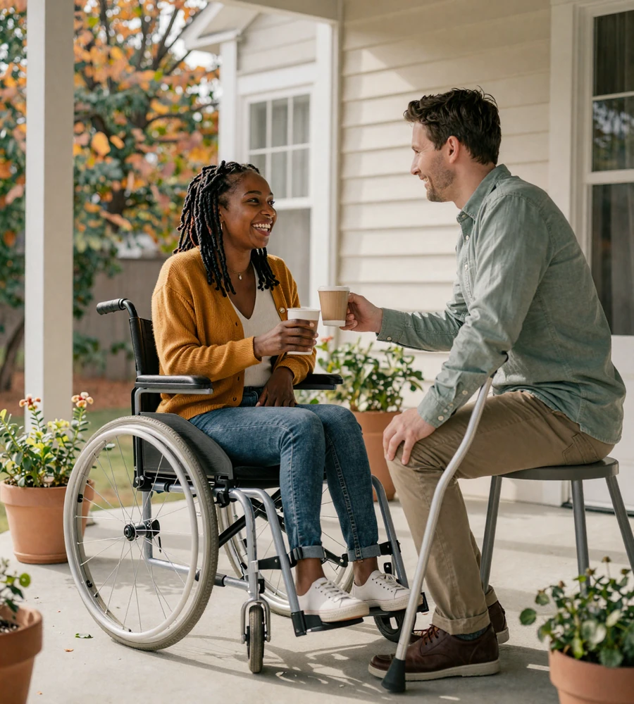 Disabled couple Maya in a wheelchair and Eli with a forearm crutch sharing coffee on a sunlit porch, illustrating real dating with a disability