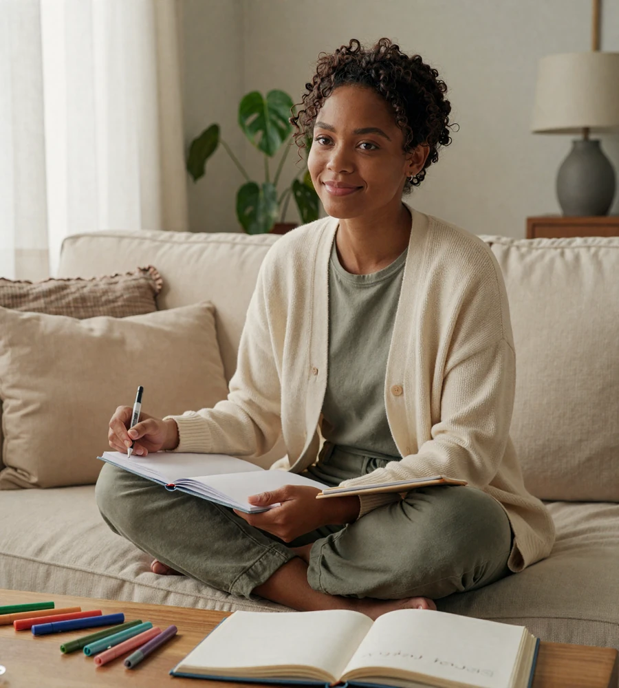 Woman with ADHD at home with planner and sketchbook, illustrating real ADHD dating on an inclusive ADHD dating site