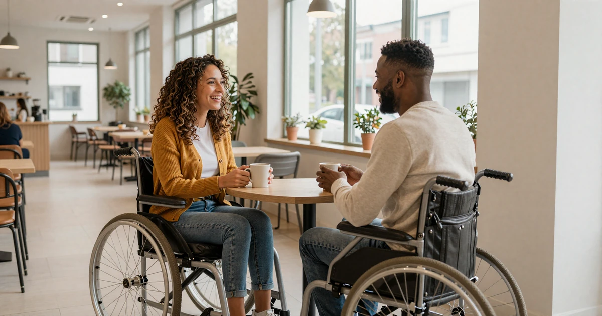 Wheelchair user smiling across a sunlit café table on a first date, illustrating real dating in a wheelchair on an inclusive wheelchair dating site