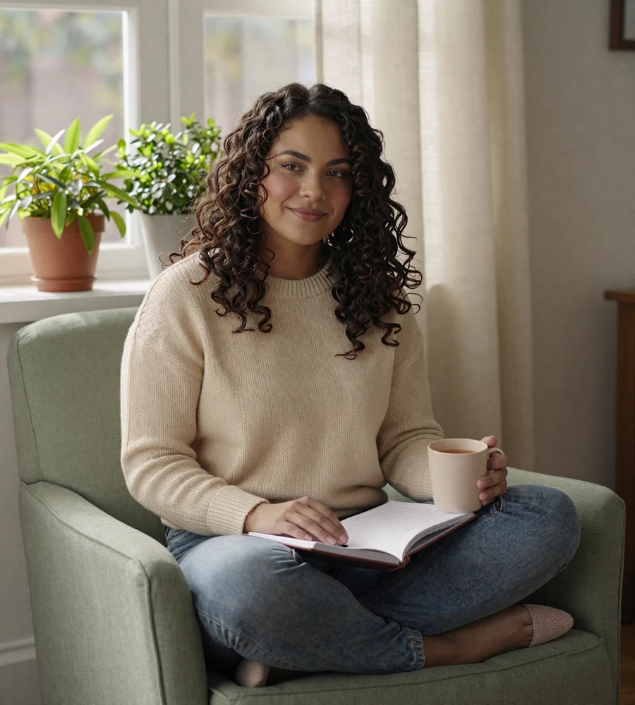 Woman journaling in a calm sunlit living room, illustrating mood-aware dating with bipolar disorder on an inclusive mental health dating app