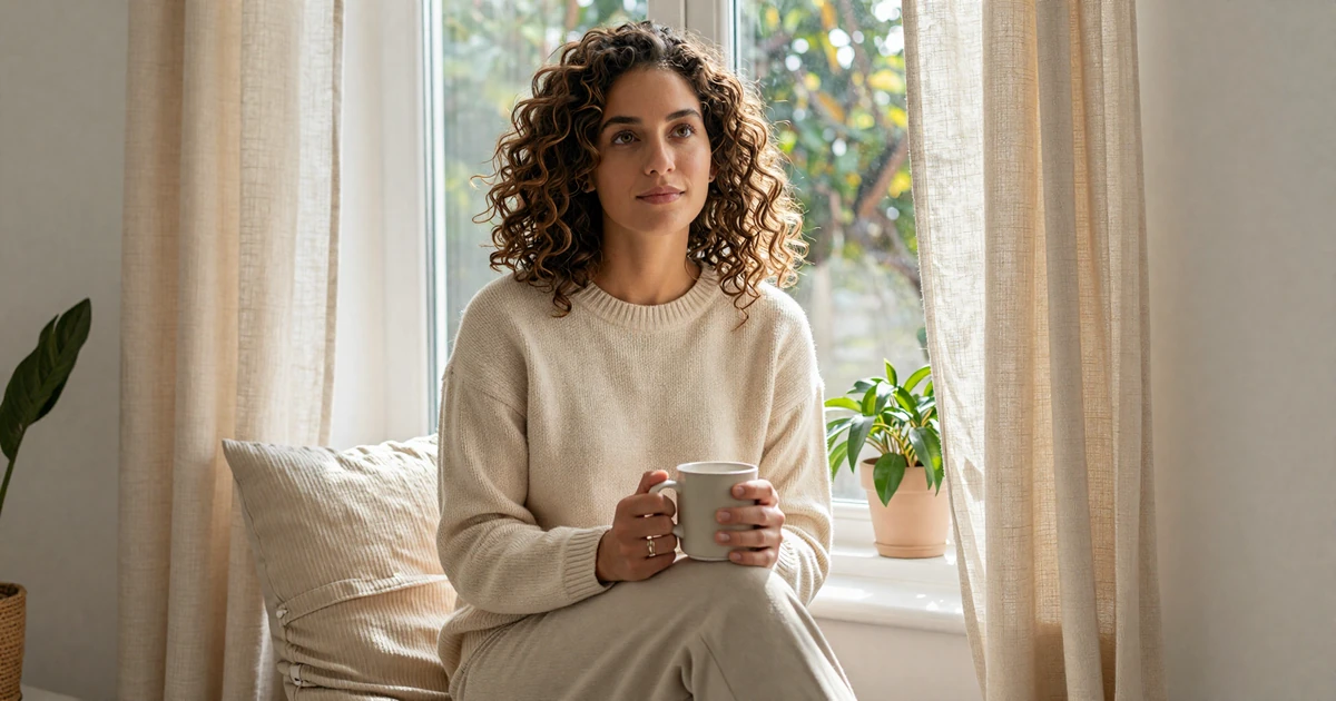 Woman with PTSD resting quietly on a sunlit window seat with a warm mug, illustrating slow trauma-informed dating with PTSD